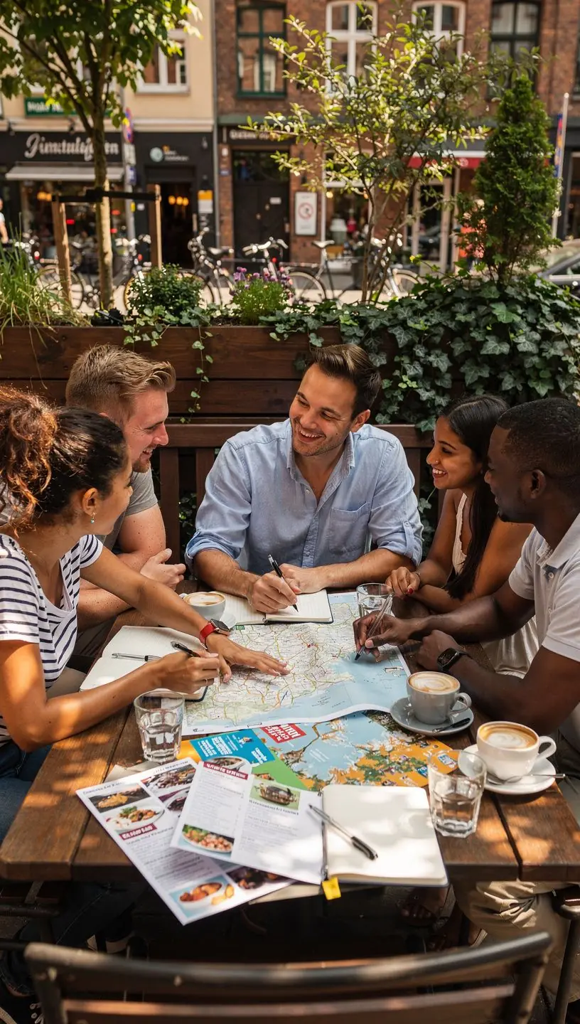 Illustration von logistischen Elementen wie Flugzeiten, Hotelbuchungen und Transportverbindungen auf einer übersichtlichen Karte.