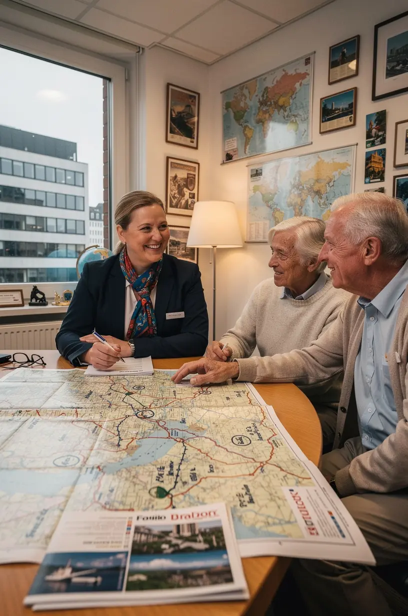 Professionelles Team im Reiseplanungsstudio, das gemeinsam eine effiziente und realistische Reiseroute entwickelt.