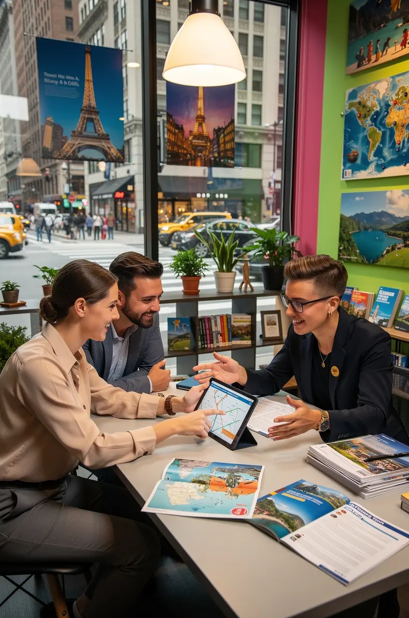 Beratungsgespräch in einem modernen Reiseplanungsstudio mit Kunden und Reiseexperten am Tisch.